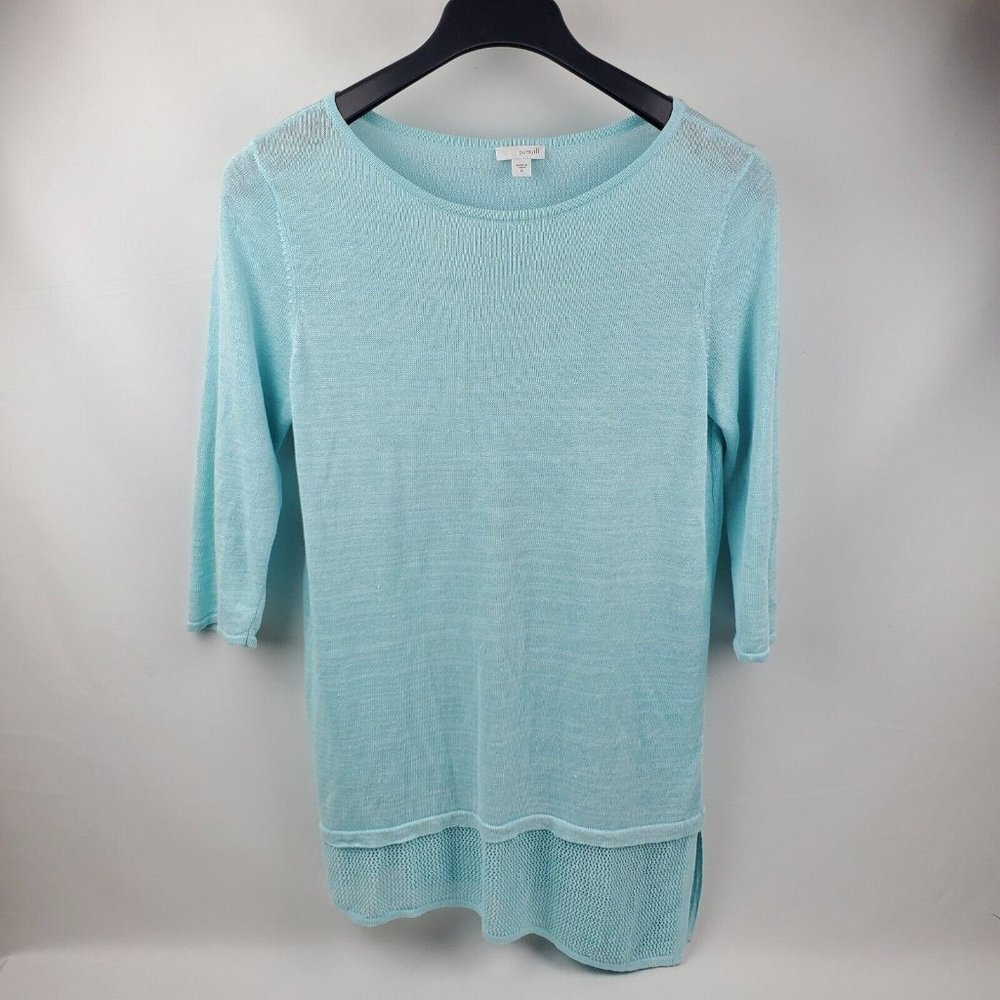 Pure Jill Womens Tunic Top 3/4 Sleeve Crochet Hem Round Neck Pullover Blue Small
